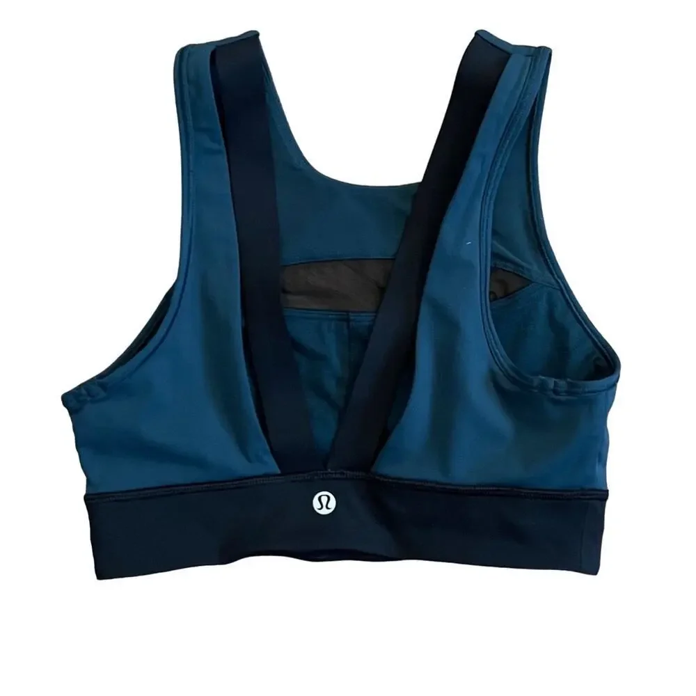 LULULEMON Run The Day Bra Submarine Teal Black Mesh Strappy Size 4